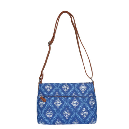 Women’s Blue Pattern Crossbody Bags with Vegan Leather Trim – Wholesale