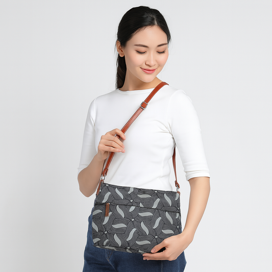 Grey Abstract Print Fabric Crossbody Bag – Women’s Shoulder Sling Purse