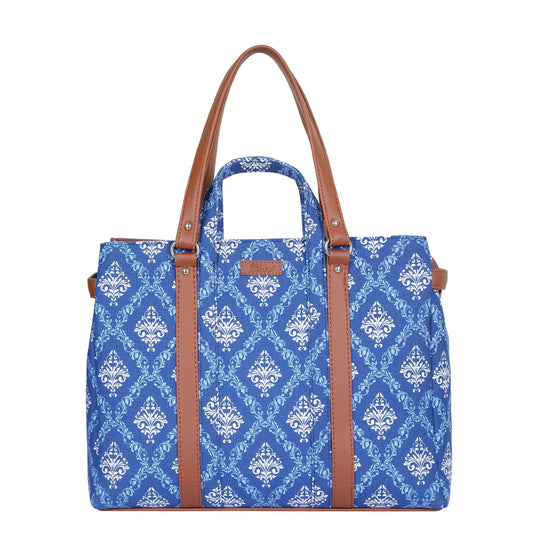 Blue Handcrafted Printed Tote Bag – Women’s Satchel Purse with Vegan Leather Handles