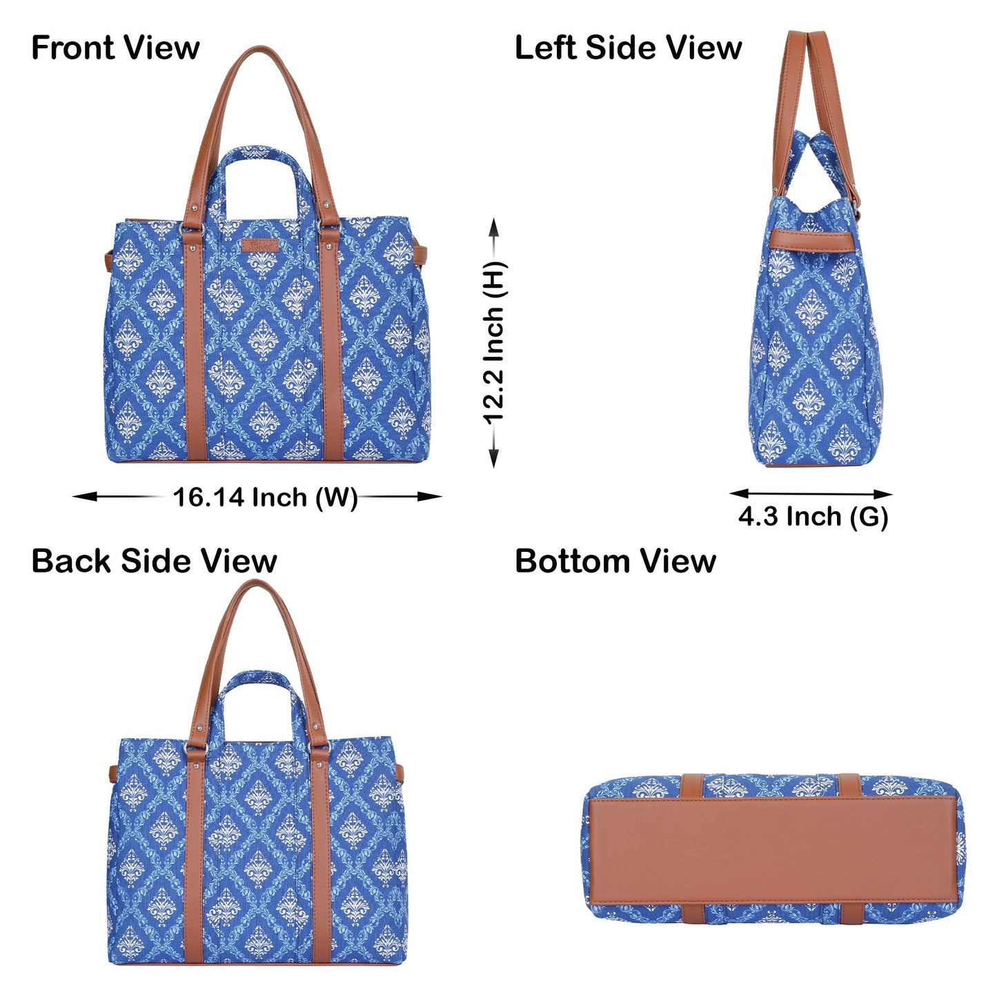 Blue Handcrafted Printed Tote Bag – Women’s Satchel Purse with Vegan Leather Handles