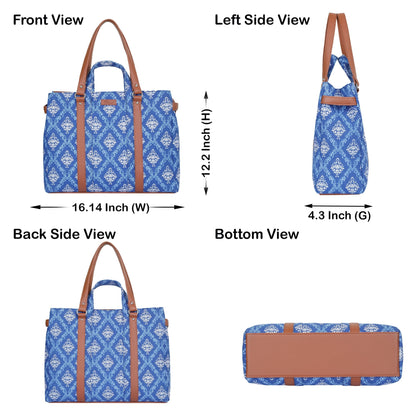 Blue Handcrafted Printed Tote Bag – Women’s Satchel Purse with Vegan Leather Handles