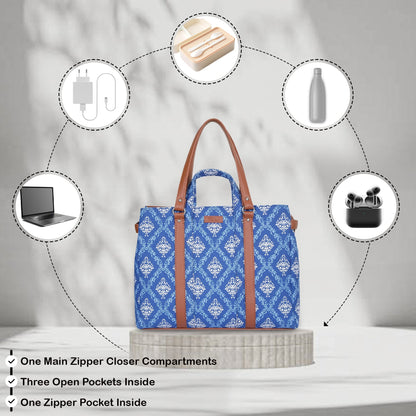 Blue Handcrafted Printed Tote Bag – Women’s Satchel Purse with Vegan Leather Handles