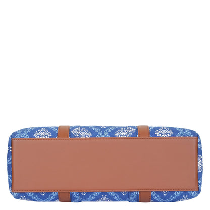 Blue Handcrafted Printed Tote Bag – Women’s Satchel Purse with Vegan Leather Handles