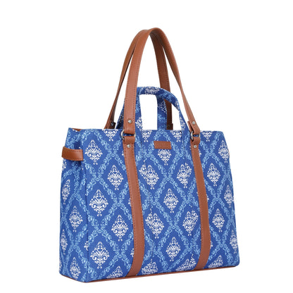 Blue Handcrafted Printed Tote Bag – Women’s Satchel Purse with Vegan Leather Handles