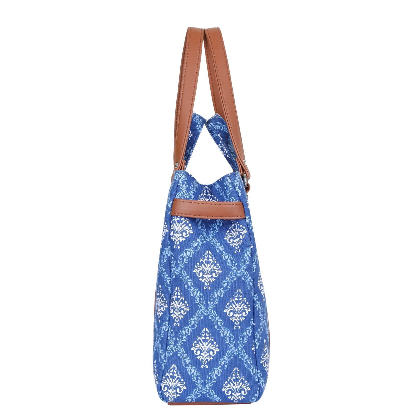 Blue Handcrafted Printed Tote Bag – Women’s Satchel Purse with Vegan Leather Handles