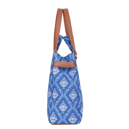 Blue Handcrafted Printed Tote Bag – Women’s Satchel Purse with Vegan Leather Handles