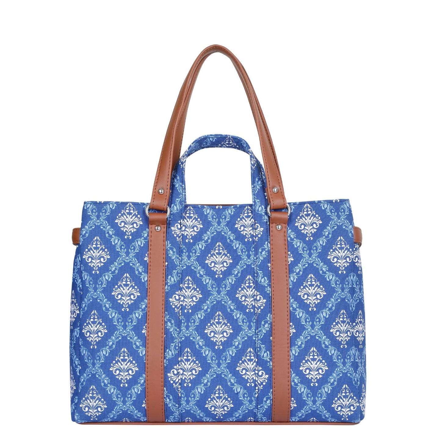 Blue Handcrafted Printed Tote Bag – Women’s Satchel Purse with Vegan Leather Handles