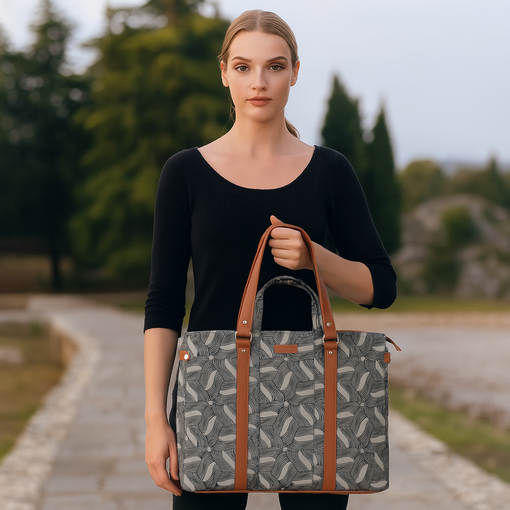 Olive Green Handcrafted Printed Tote Bag – Women’s Satchel Purse with Vegan Handles