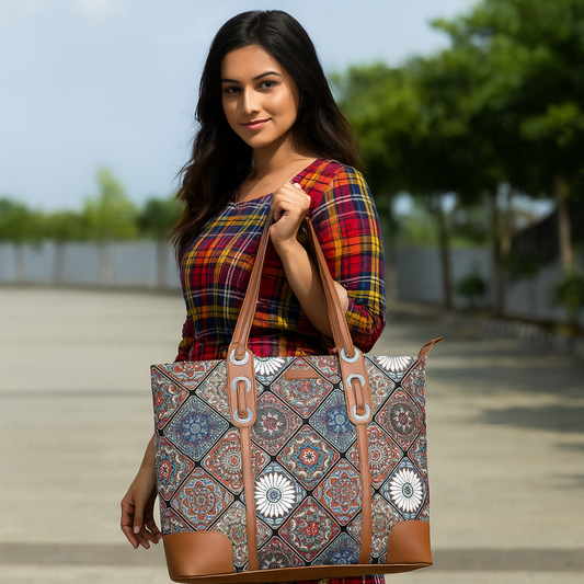 Multicolor Handcrafted Printed Tote Bag – Shoulder Purse with Vegan Trim for Daily Use