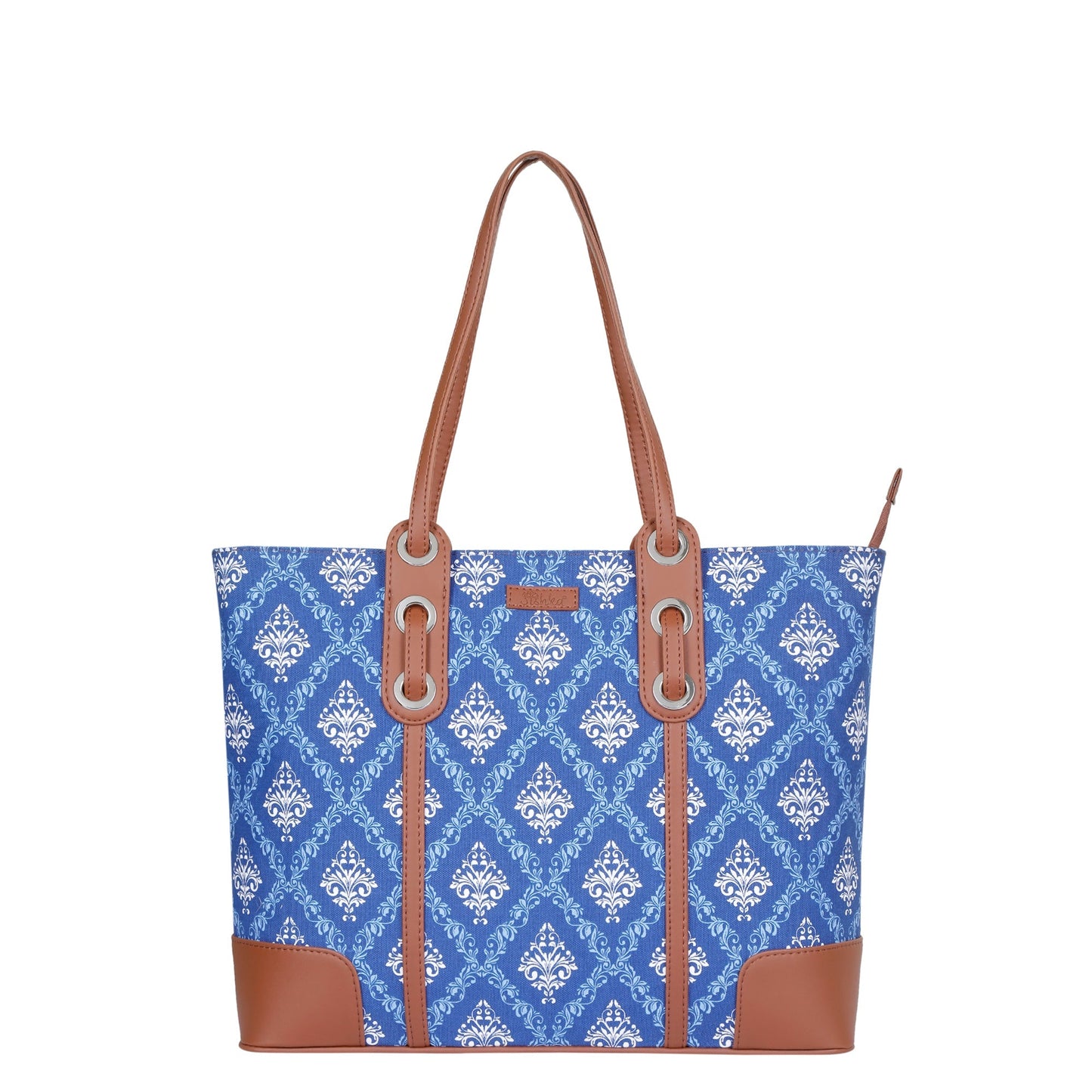 Blue Handcrafted Printed Tote Bag – Elegant Women’s Shoulder Purse with Vegan Trim