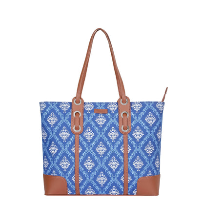 Blue Handcrafted Printed Tote Bag – Elegant Women’s Shoulder Purse with Vegan Trim
