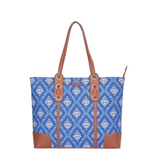 Blue Handcrafted Printed Tote Bag – Elegant Women’s Shoulder Purse with Vegan Trim