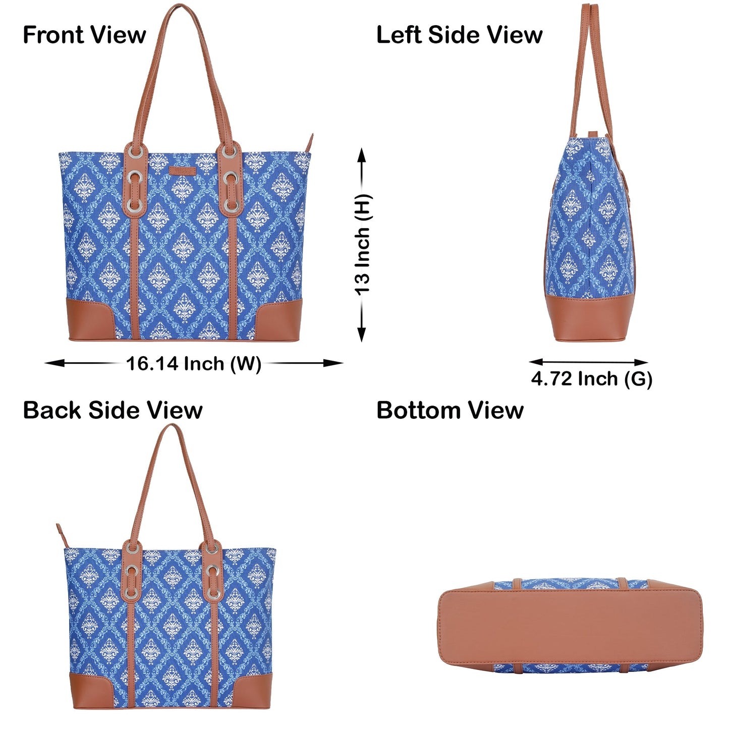Blue Handcrafted Printed Tote Bag – Elegant Women’s Shoulder Purse with Vegan Trim