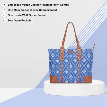Blue Handcrafted Printed Tote Bag – Elegant Women’s Shoulder Purse with Vegan Trim