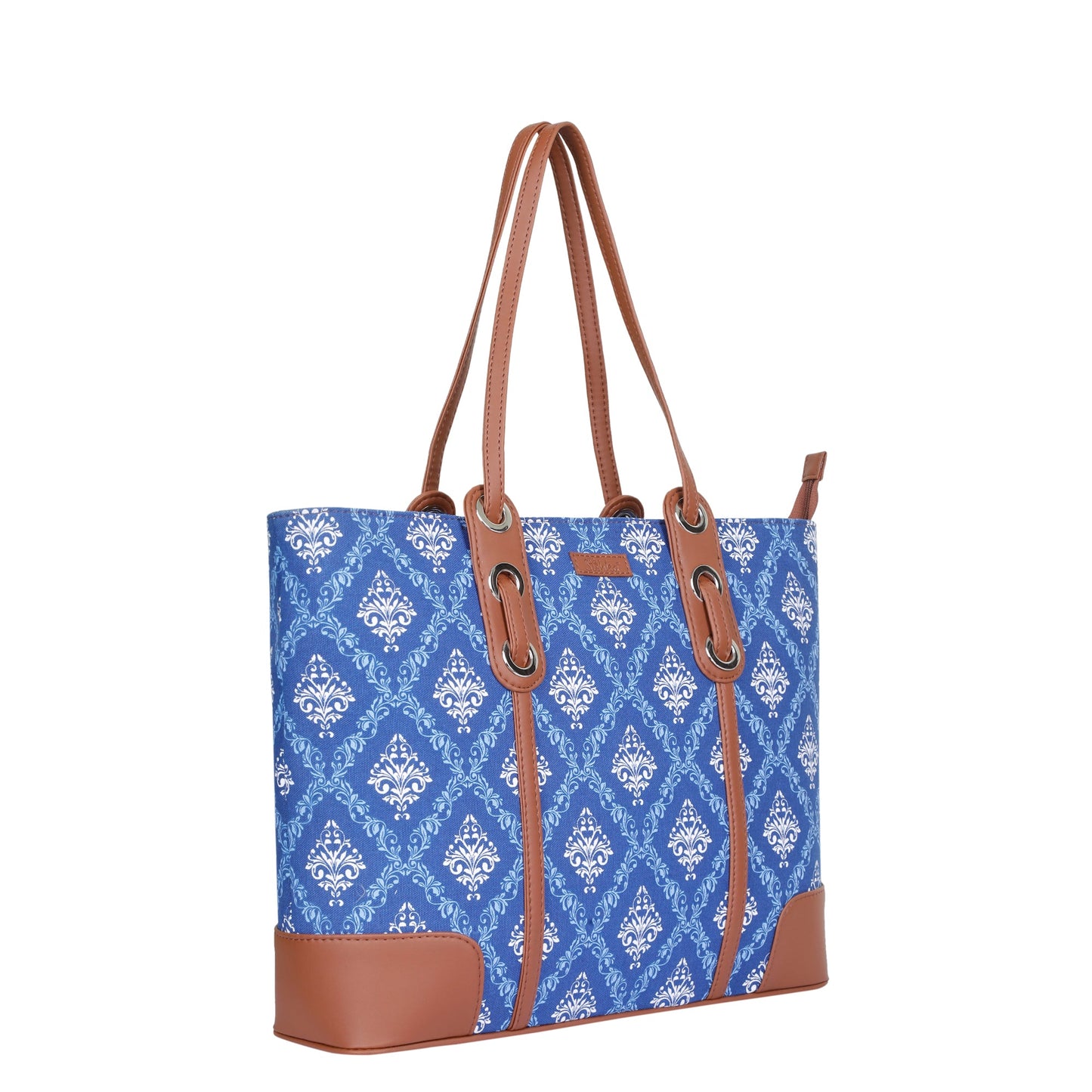 Blue Handcrafted Printed Tote Bag – Elegant Women’s Shoulder Purse with Vegan Trim