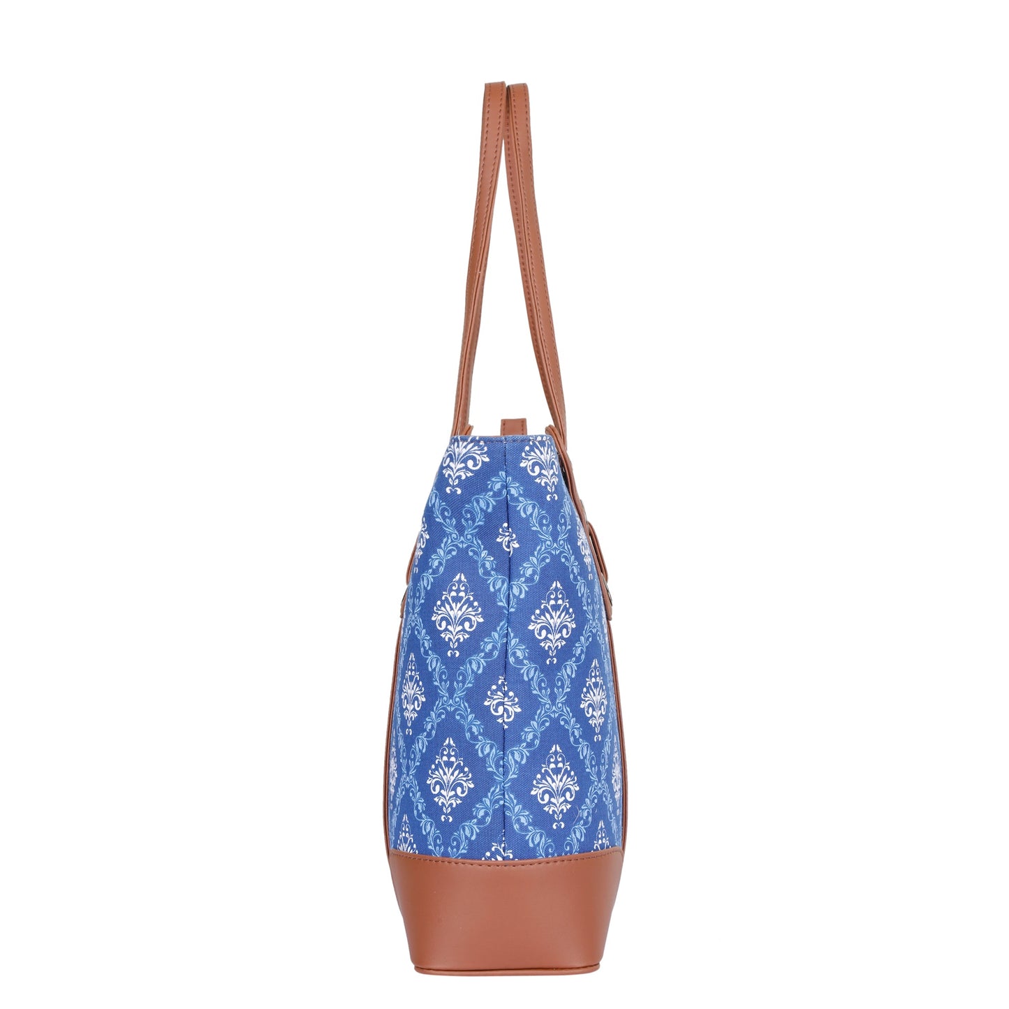 Blue Handcrafted Printed Tote Bag – Elegant Women’s Shoulder Purse with Vegan Trim