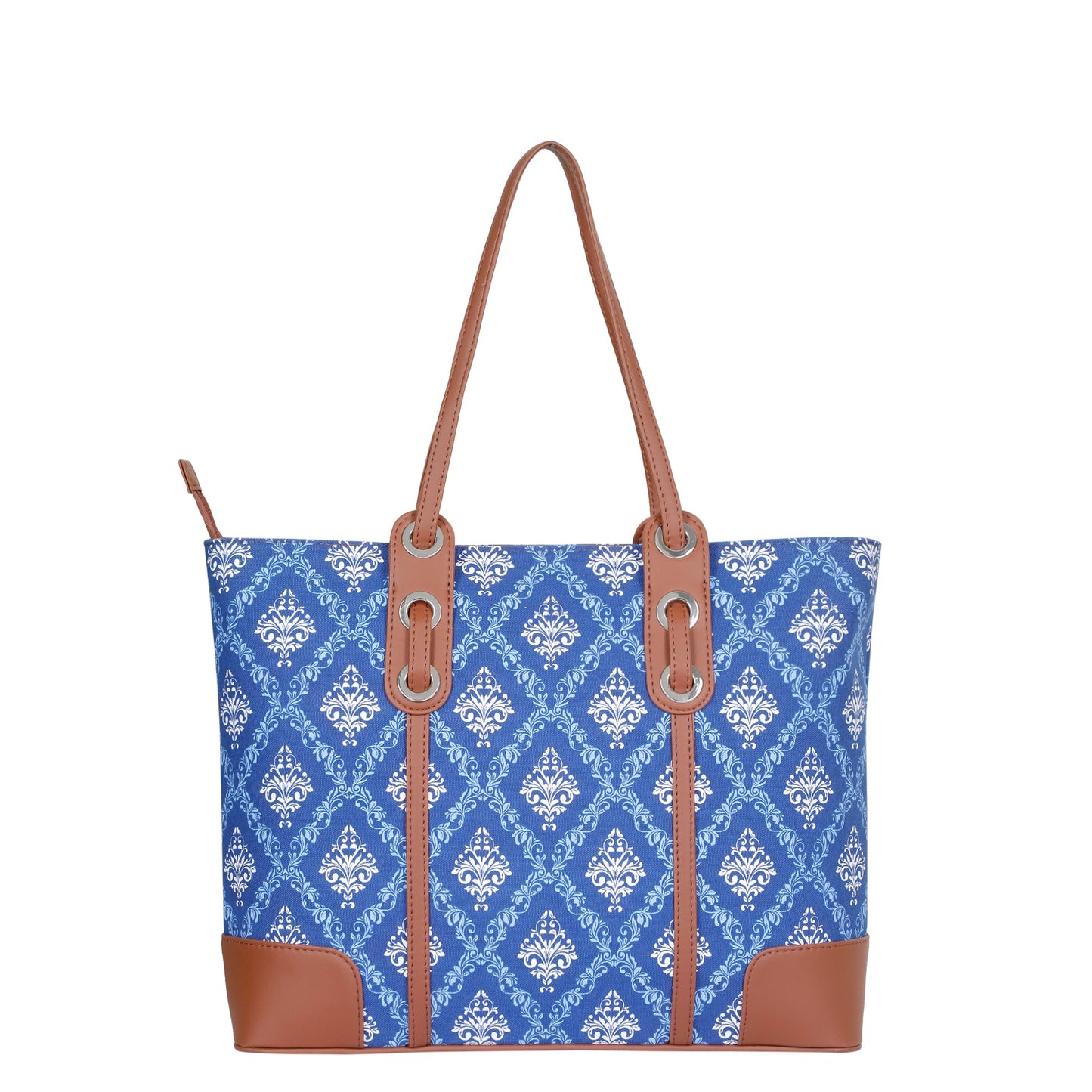 Blue Handcrafted Printed Tote Bag – Elegant Women’s Shoulder Purse with Vegan Trim