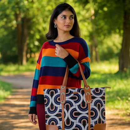Abstract Handcrafted Printed Tote Bag – Cotton Satchel with Vegan Trim for Casual Use