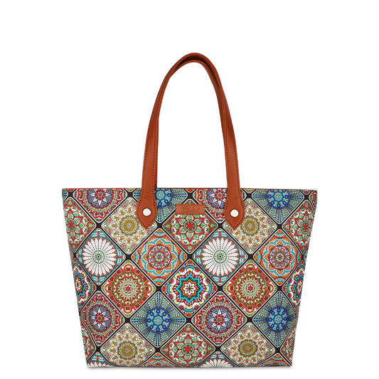 Wholesale women's multicolor everyday tote bag with vegan leather trim for boutiques, gift shops, fashion retailers, and online stores