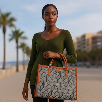 Monochrome Handcrafted Printed Laptop Bag – Elegant Shoulder Satchel for Travel & Work