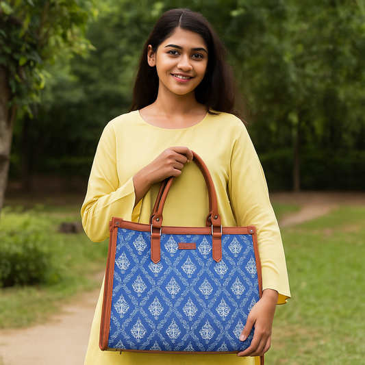 Blue Handcrafted Printed Laptop Bag – Shoulder Purse for Ladies’ Everyday & Office Use