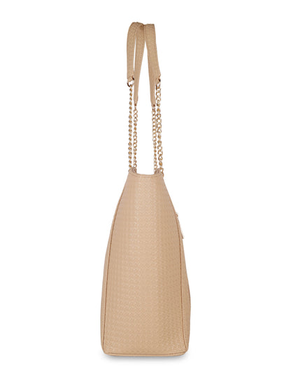 Beige Vegan Leather Satchel Handbag – Women’s Tote & Shoulder Bag with Chain Handles