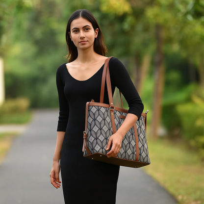 Women’s Monochrome Laptop Tote Bags with Vegan Leather Trim – Wholesale