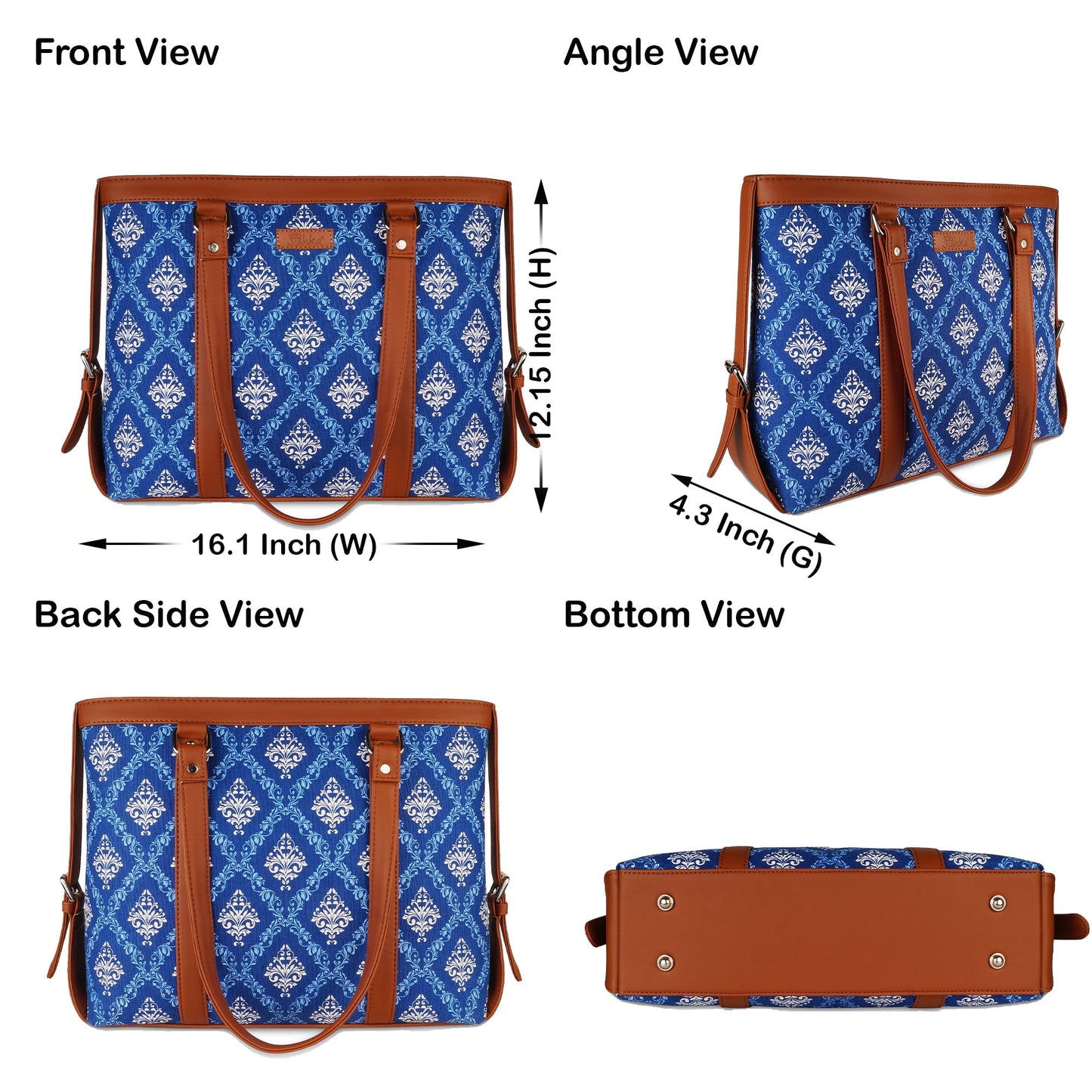 Blue Handcrafted Printed Laptop Bag for Women – Tote Satchel Purse for Work & Daily Use