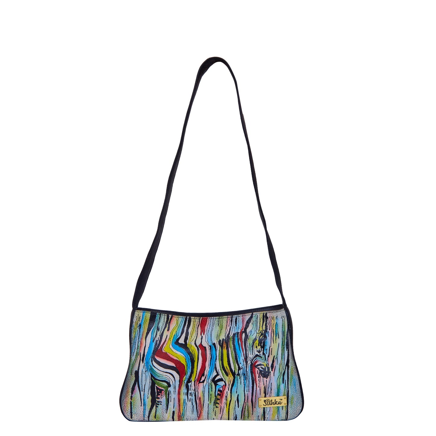 Artistic Hand-Painted Leather Bag with Multicolour Zebra Design