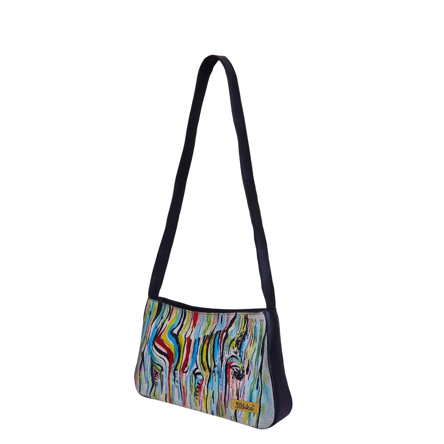 Artistic Hand-Painted Leather Bag with Multicolour Zebra Design