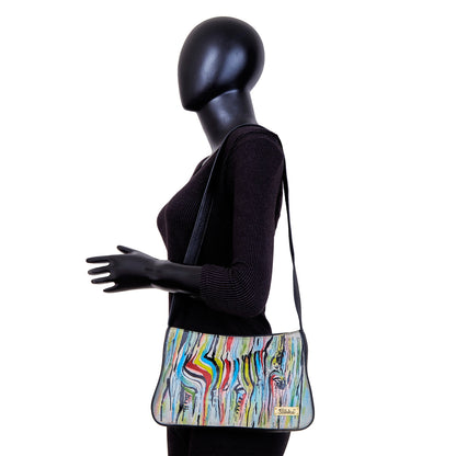 Artistic Hand-Painted Leather Bag with Multicolour Zebra Design