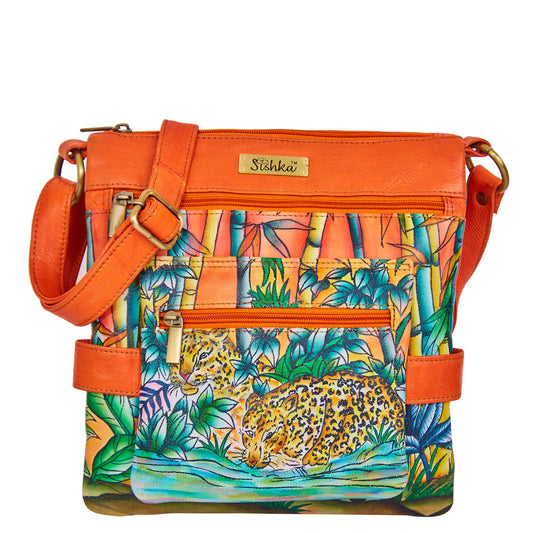 Bamboo & Cheetah Hand-Painted Leather Crossbody Bag - Orange