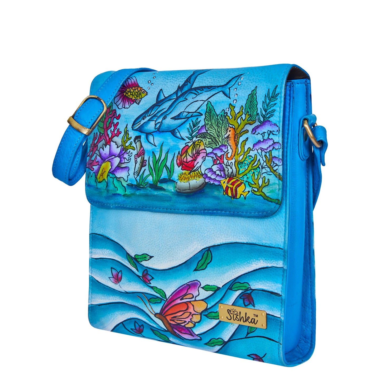 Aquatic Elegance: Hand-Painted Ocean Life Leather Bag