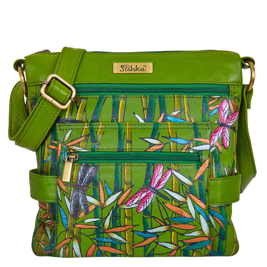 Bamboo and Dragonfly Hand-Painted Leather Crossbody Bag - Green