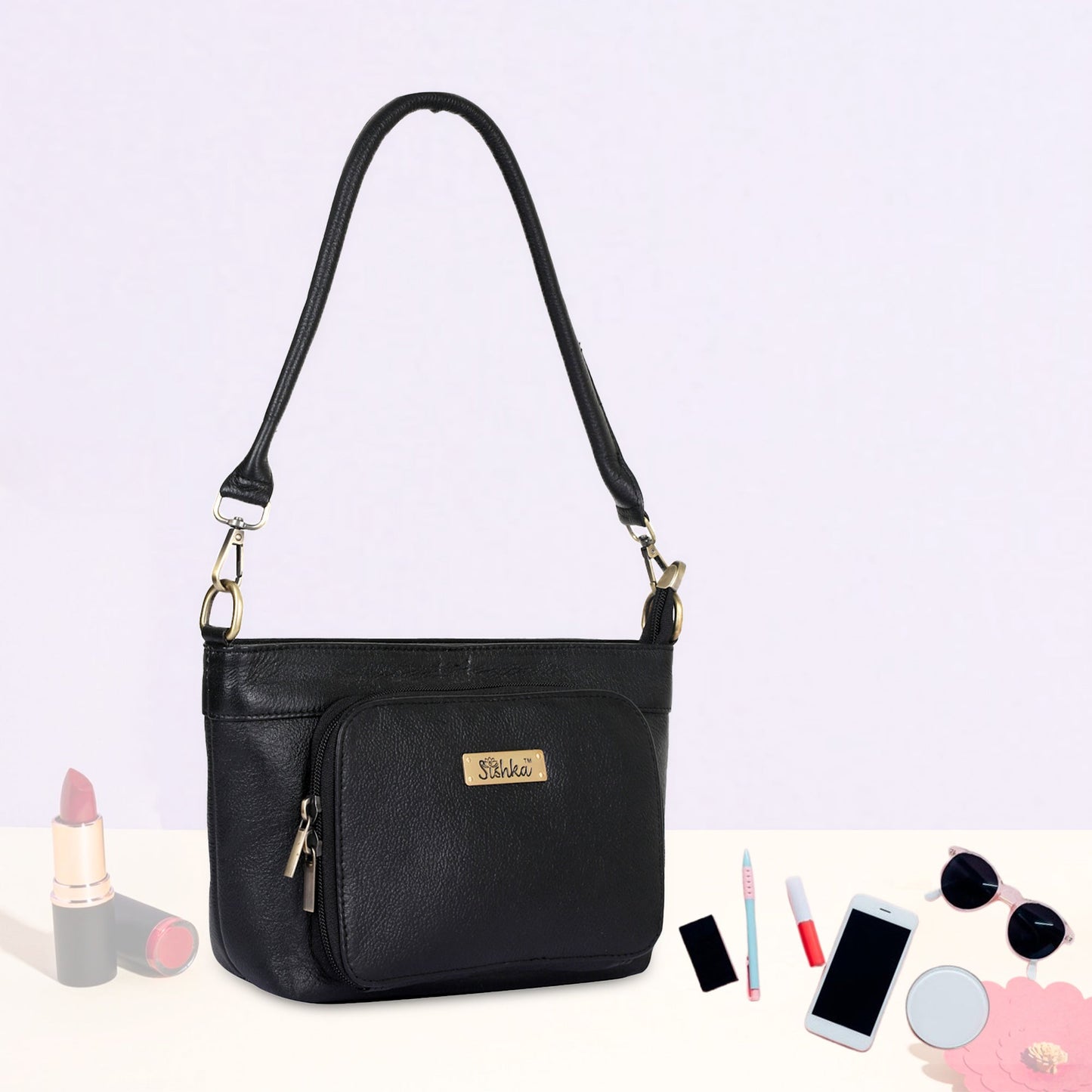 Black Genuine Leather Shoulder Handbag – Women’s Tote with Front Pocket