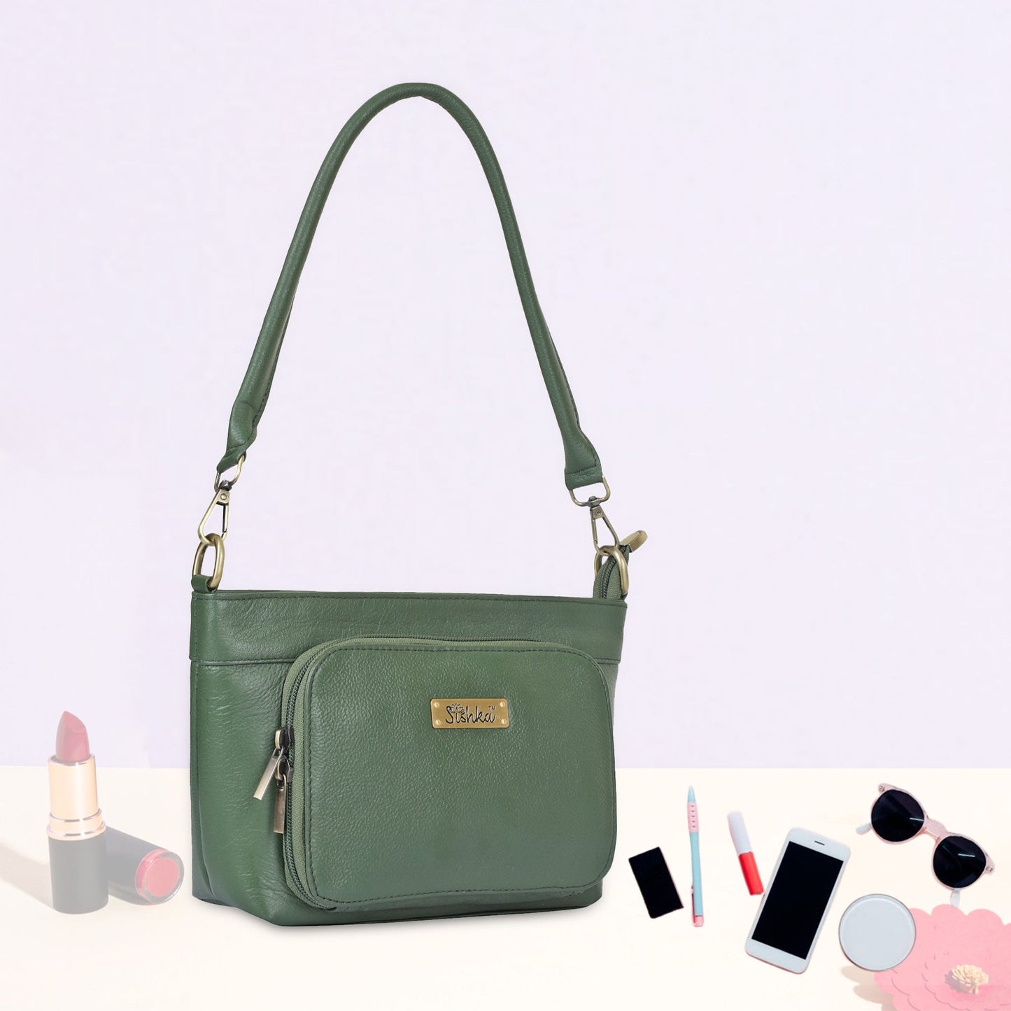 Olive Genuine Leather Shoulder handbag Wholesale for Women – Tote with Front Pocket