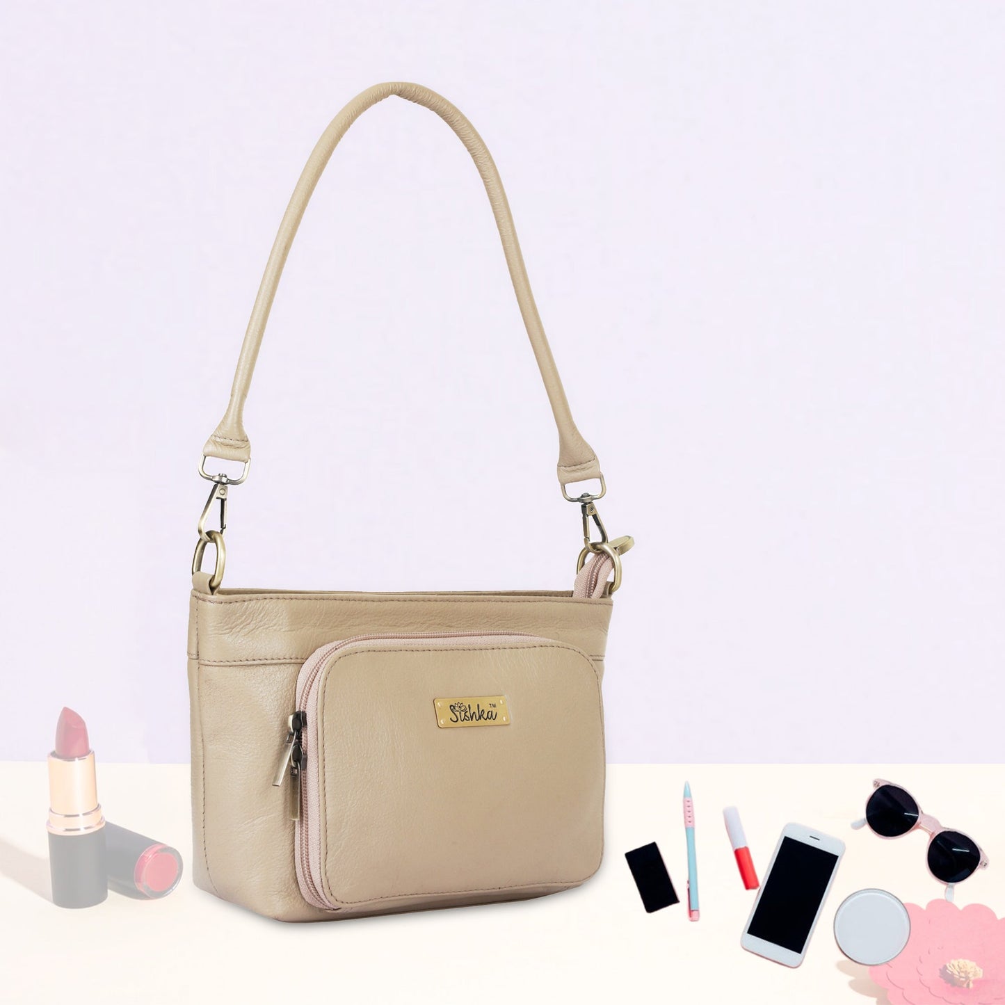 Taupe Genuine Leather Shoulder Handbag – Women’s Tote with Front Pocket