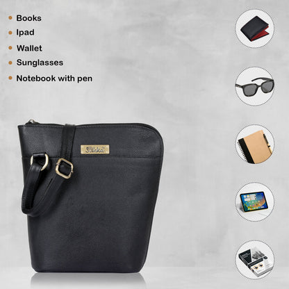 Black Genuine Leather Shoulder Bag for Women – Sleek Crossbody Organizer Purse