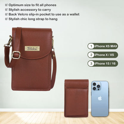 Brown Genuine Leather Mobile Crossbody Bag – Women’s Phone Purse