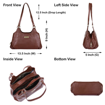 Sishka Brown Satchel Bag – Designer Round Handle Shoulder Handbag, Stylish Leather Tote Purse for Women and Ladies, Elegant Genuine Leather Bag (H 9" x W 13.5" x D 5").