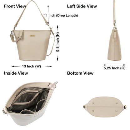 Taupe Genuine Leather Bucket Hobo Bag for Women – Elegant Shoulder Tote Purse