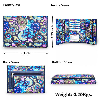 Floral Print Trifold Wallet and Organizer with Genuine Leather Accents for Women