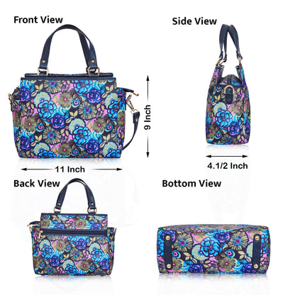 Multi-Compartment Botanical Print Satchel Bag with Leather Trim
