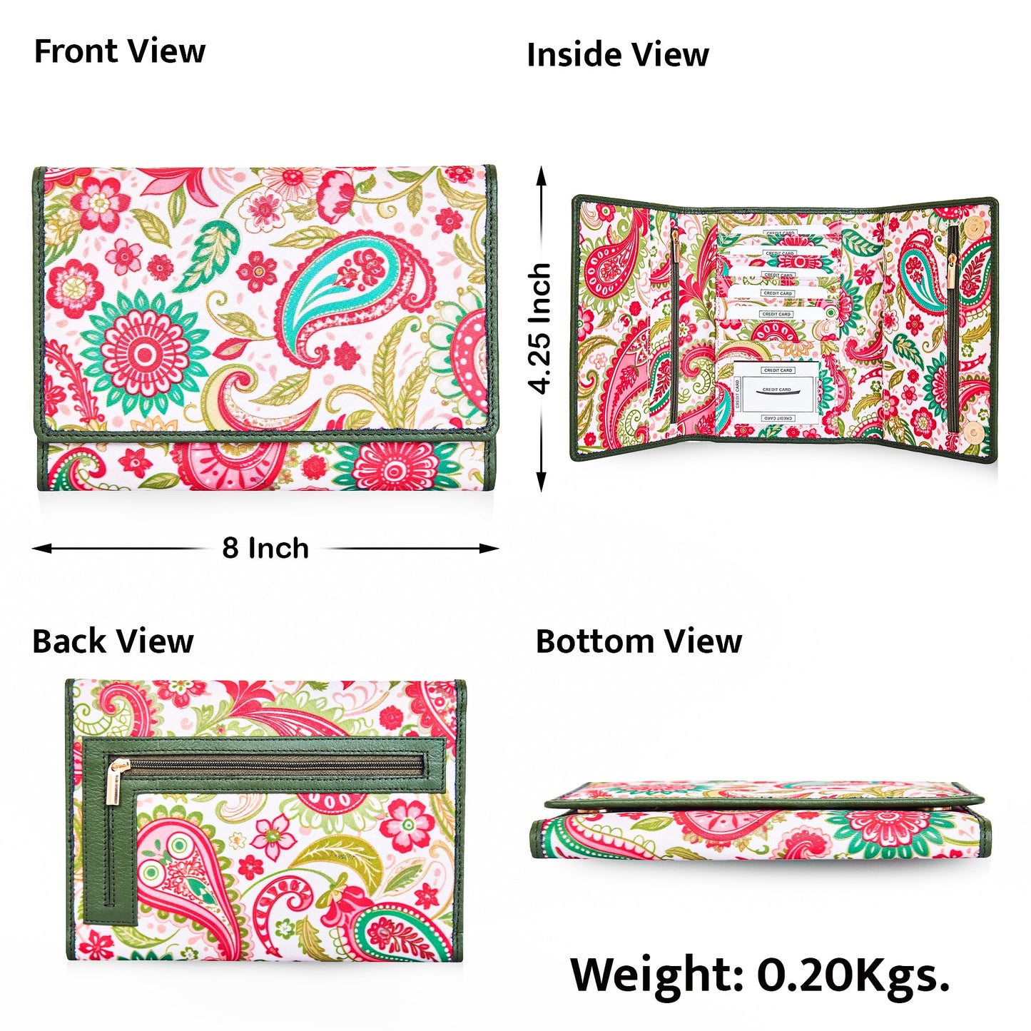 Paisley Pattern Trifold Wallet and Organizer with Leather Accents for Women