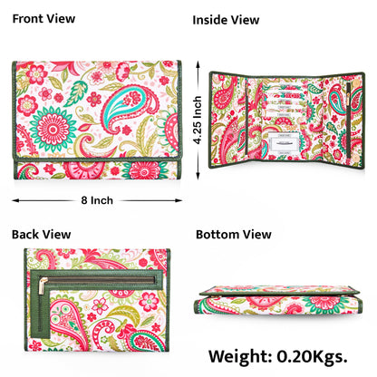 Paisley Pattern Trifold Wallet and Organizer with Leather Accents for Women