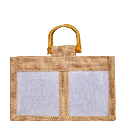 Jute Gift Bags with Cane Handles & Organza Panels – Burlap Pouches for Weddings, Bridesmaid Gifts, Parties (12 Pcs)