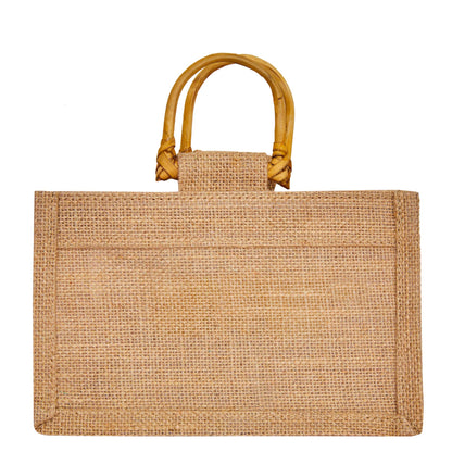 Jute Gift Bags with Cane Handles & Organza Panels – Burlap Pouches for Weddings, Bridesmaid Gifts, Parties (12 Pcs)