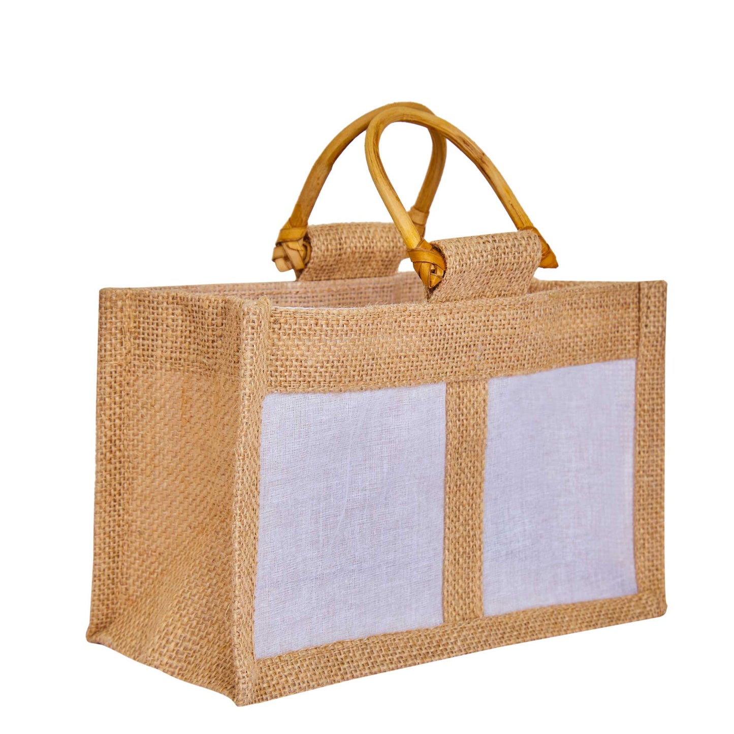 Jute Gift Bags with Cane Handles & Organza Panels – Burlap Pouches for Weddings, Bridesmaid Gifts, Parties (12 Pcs)