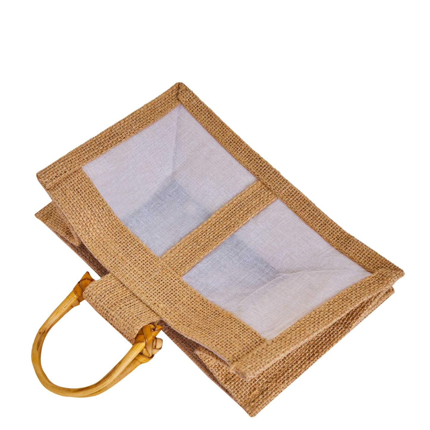 Jute Gift Bags with Cane Handles & Organza Panels – Burlap Pouches for Weddings, Bridesmaid Gifts, Parties (12 Pcs)