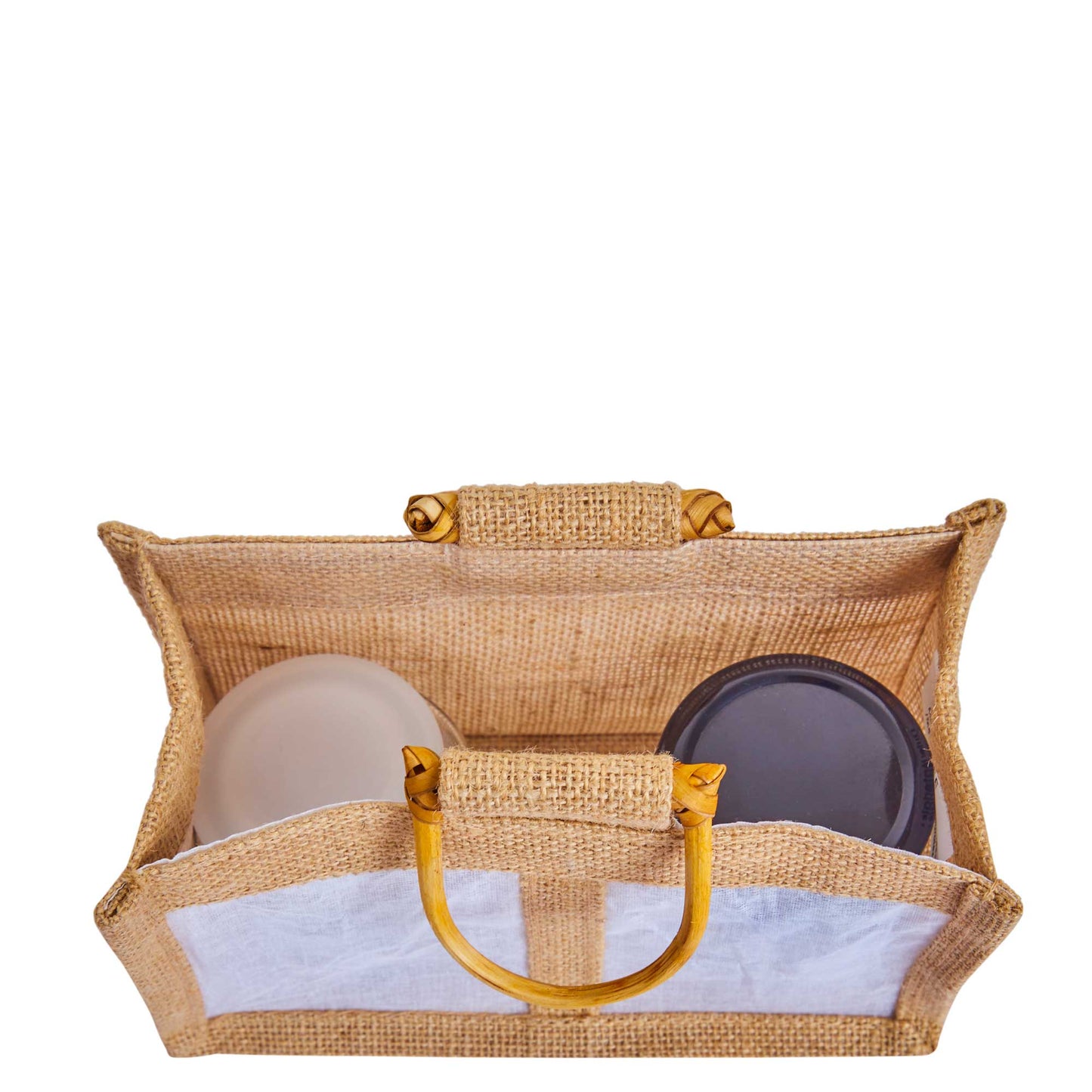 Jute Gift Bags with Cane Handles & Organza Panels – Burlap Pouches for Weddings, Bridesmaid Gifts, Parties (12 Pcs)